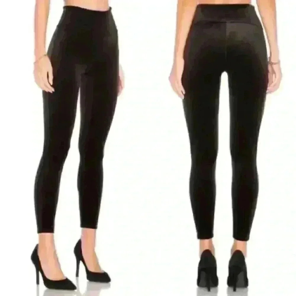 SPANX Black Velvet Tummy Control High Waisted Tights Leggings Size Large